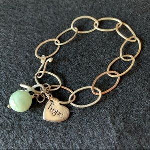 Charm Link Bracelet, green bead, hope, silver tone
